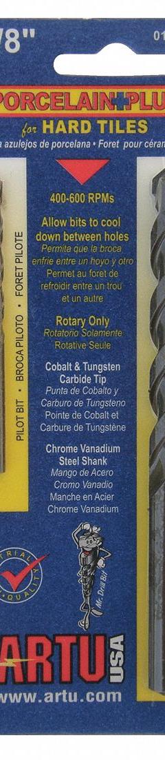 ARTU Porcelain Tile Starter: 3/8 in Drill Bit Size, 5 5/16 in Overall Lg, 3/8 in Shank Dia (MPN 01445). Key specifications — attr253610: Tile; attr277139: ARTU.