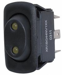 EATON Lighted Rocker Switch: 3 Positions, SPDT, On/Off/On, Amber (MPN XR1BG44NV1XX). Key specifications — AC Contact Rating: 10 A @ 277 V; Horsepower: 3/4 hp @ 277 V; Operator Illumination: Illuminated; Terminal Connection Type: 0.25 in Quick Connect Tab; Includes Lens: Lens Included; Series: X; Displayed Brand: EATON; Manufacturer Part Number: XR1BG44NV1XX.
