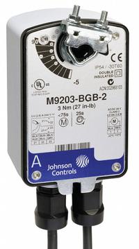 Actuator: Dampers, Proportional, Spring Return, 27 in-lb, 24V AC, Hardwired Plenum Rated Cables (MPN M9203-GGB-2Z). Key specifications — Manufacturer Part Number: M9203-GGB-2Z; Shaft Rotation: CW/CCW; Stroke Degree: 95°; Plenum Rating: Plenum Rated; Power Rating: 1.9W; Input Voltage: 24V AC; Brand: JOHNSON CONTROLS; For Use With Building Automation Systems: Building Automation System Compatible.