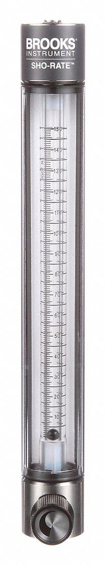 BROOKS Mechanical Flowmeter: Flow Meter, Scale, Variable Area, Panel Mount, Vertical, Liters, FNPT (MPN 1255AR1071MRSVV). Key specifications — Display Type: Scale; O-Ring Material: Viton; Includes Flow Rate Adjustment Knob: Yes; Includes Pressure Guage: No; Mounting Orientation: Vertical; Unit Of Measure: Liters; Brand: BROOKS; Accuracy: +/-3%.