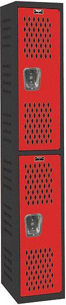 HALLOWELL Wardrobe Locker: 12 in x 18 in x 72 in, Ventilated, 2 Tiers, 1 Units Wide, Padlock Hasp (MPN AWA282-2MR). Key specifications — Brand: HALLOWELL; Locker Color: Red/Black; Door Type: Ventilated; Locker Material: Steel; Assembled: Assembled; Number Plate Included: Yes.