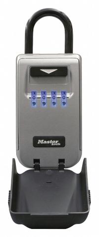 MASTER LOCK Lock Box: Mechanical Combo Lock, 6 Key Capacity, 7 1/8 in Outside Ht, 2 in Outside Wd (MPN 5424D). Key specifications — Finish: Vinyl Coated; Brand: MASTER LOCK; Color: Black; Material: Metal; Lock Style: Mechanical Combination.