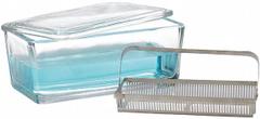 Staining Dish: 50 Sample Capacity, 185 mm Ht, 88 mm Wd, 78 mm Dp, Glass (MPN 900400). Key specifications — Material: Glass; Product Type: Staining Dish with Cover and Rack; Brand: WHEATON.