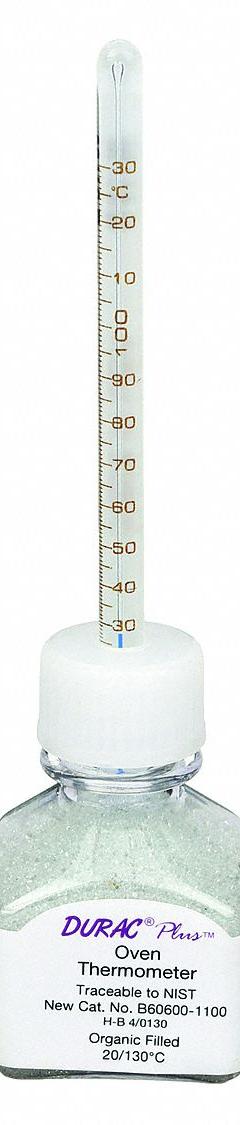 DURAC PLUS Bottle Thermometer: 20°C to 130°C, +/-1.5°C/+/-2°C Above 100°C, 30 mL Bottle Volume (MPN B60600-1100). Key specifications — Bottle Fill Medium: Glass Beads; Temperature Units: Celsius; Accuracy: +/-1.5°C; Brand: DURAC PLUS.