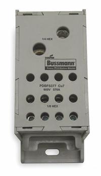 BUSSMANN Power Distribution Block: Finger-Safe, Lug, Lug, 4 AWG – 300 kcmil For Line Side Wire Sizes (MPN PDBFS377). Key specifications — Mounting Type: Surface; Brand: BUSSMANN; For Conductor Material: Copper.
