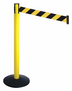 RETRACTA-BELT Barrier Post with Belt: Black/Yellow, Diagonal Stripe, No Legend, 10 ft Belt Lg (MPN 331YA-BYD). Key specifications — Base Material: Cast Iron; Belt Color: Black/Yellow; Brand: RETRACTA-BELT; Post Material: Aluminum; Post Color: Yellow; Message: No Legend.