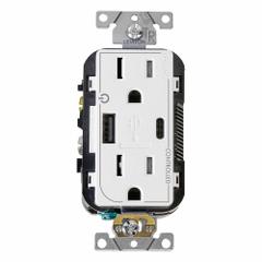 USB Receptacle: Duplex, 5-15R, 1 USB Ports, USB Type A/C, White, 125V AC, 15 A (MPN T5633-2W). Key specifications — Brand: LEVITON.
