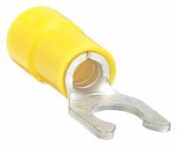 GRAINGER Fork Terminals: Yellow, Vinyl, 1/4 in Stud Size, 12 AWG – 10 AWG Wire Range, Locking Fork (MPN 4FRD8). Key specifications — Barrel Style: Funnel Entry; Manufacturer Part Number: 4FRD8; Brand: GRAINGER.