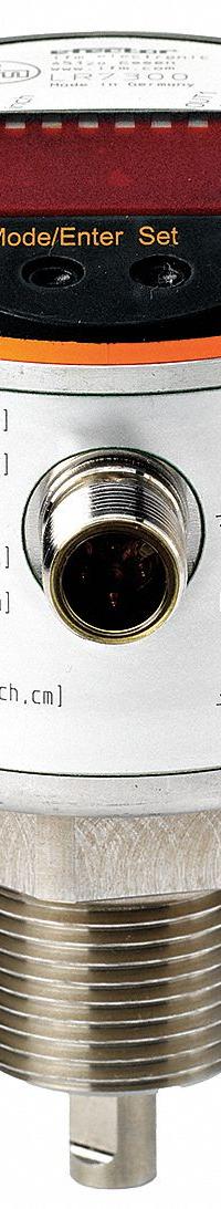 IFM Electronic Level Sensor: Guided Wave Radar, Vertical, For Oils/Water Media Type, 3/4 in, +/-7 mm (MPN LR8000). Key specifications — Body Material: Stainless Steel; Mounting Orientation: Vertical; Stem Material: 316 Stainless Steel; Accuracy: +/-7 mm; Brand: IFM; Probe Material: 316 Stainless Steel; Nameplate Voltage: 18/30V DC; Probe Type: Rod.