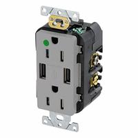 USB Receptacle: Duplex, 5-15R, 2 USB Ports, USB Type A, Gray, 125V AC, 15 A (MPN T5632-HGG). Key specifications — Brand: LEVITON.