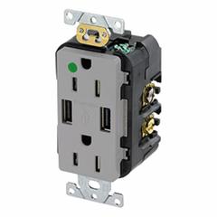 USB Receptacle: Duplex, 5-15R, 2 USB Ports, USB Type A, Gray, 125V AC, 15 A (MPN T5632-HGG). Key specifications — Brand: LEVITON.