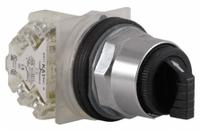 SCHNEIDER Selector Switch: 30 mm Panel Mounting Size, 3 Positions, Short Lever, SPDT, Metallic (MPN 9001KS42BH13). Key specifications — AC Contact Rating: 1.5 A @ 480 V; Action: Maintained/Maintained/Maintained; Cam: B; DC Contact Rating: 0.55 A @125 V; Hazardous Location Specification: Not Rated; Operator Head Material: Polycarbonate; Operator Head Type: Short-Handled Knob; Operator Illumination: Non-Illuminated.