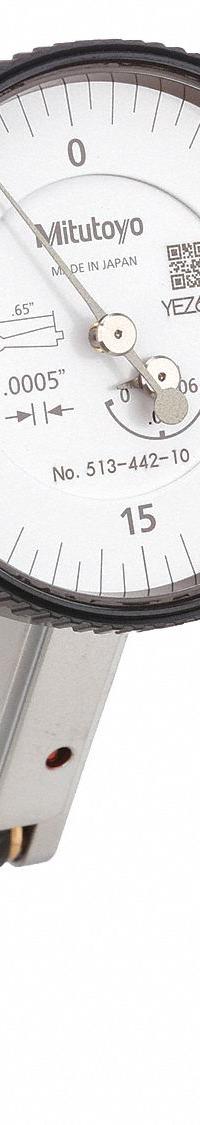 MITUTOYO Tilted-Face Dial Test Indicator: 0 in to 0.06 in, Tilted Face, Inch, +/- 0.0005 in (MPN 513-442-10A). Key specifications — attr1184166: Carbide Point; attr1200917: Tilted-Face Dial Test Indicator; attr1184127: 513-442-10A; attr1184167: MITUTOYO; attr1184108: +/- 0.0005 in; attr1184144: Inspection Certificate.