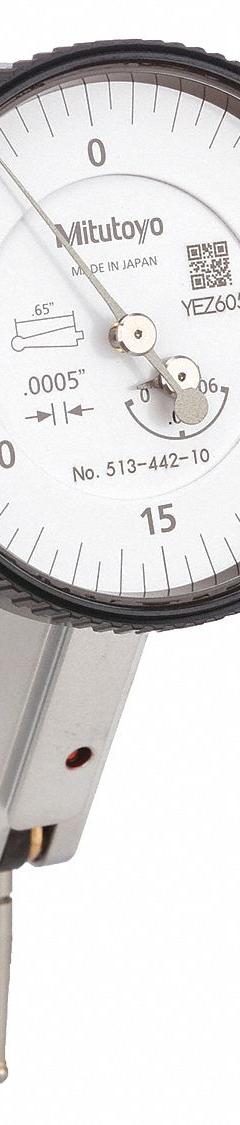 MITUTOYO Tilted-Face Dial Test Indicator: 0 in to 0.06 in, Tilted Face, Inch, +/- 0.0005 in (MPN 513-442-10A). Key specifications — attr1184166: Carbide Point; attr1200917: Tilted-Face Dial Test Indicator; attr1184127: 513-442-10A; attr1184167: MITUTOYO; attr1184108: +/- 0.0005 in; attr1184144: Inspection Certificate.