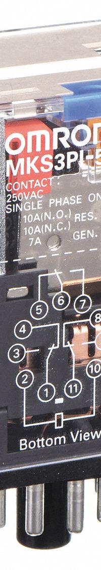 OMRON General Purpose Relay: Socket Mounted, 10 A Current Rating, 12V DC, 3PDT, 11 Pins/Terminals (MPN MKS3PI5DC12). Key specifications — Brand: OMRON; Base Type: Octal; Mounting Style: Plug-In; Pin Shape: Round; Electrical Connection: Plug-In; Manufacturer Part Number: MKS3PI5DC12; Operating Current: 10 A at 250V AC (Resistive Load); Series: MK-S Series.