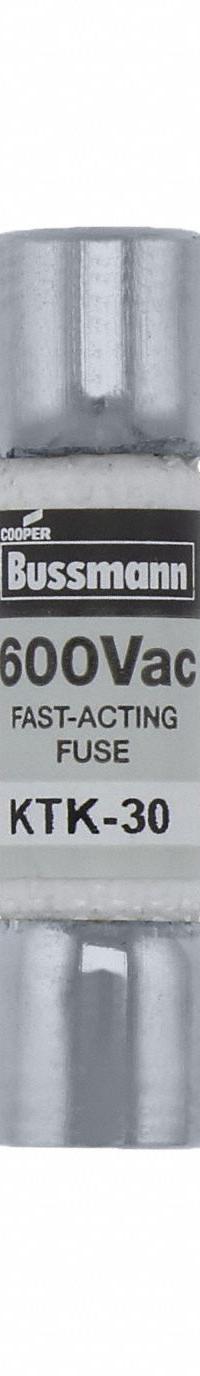 BUSSMANN Fuse: KTK Series, Midget, Fast-Acting, 30 A, 600 V AC, 13/32 in x 1 1/2 in, Non-Indicating (MPN KTK-30). Key specifications — attr1287209: KTK; attr211192: BUSSMANN.