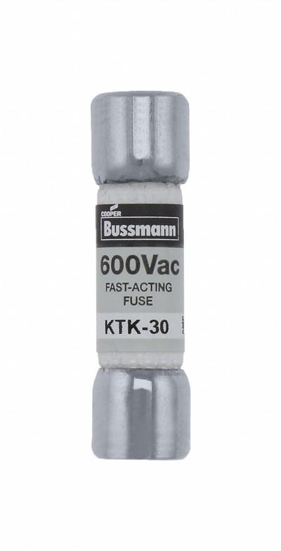 BUSSMANN Fuse: KTK Series, Midget, Fast-Acting, 30 A, 600 V AC, 13/32 in x 1 1/2 in - Fast-Acting Cylindrical Fuses