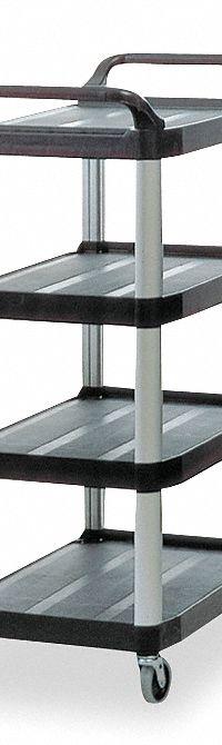 RUBBERMAID COMMERCIAL PRODUCTS Utility Cart: 300 lb, 4 Shelves, 29 in L x 20 in W Self, Black (MPN FG409600BLA). Key specifications — Shelf Color: Black; Brand: RUBBERMAID COMMERCIAL PRODUCTS; Caster/Wheel Configuration: (4) Swivel.