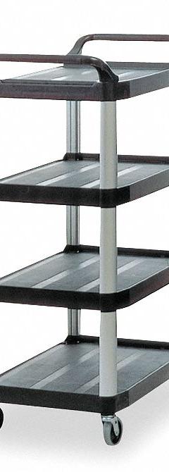 RUBBERMAID COMMERCIAL PRODUCTS Utility Cart: 300 lb, 4 Shelves, 29 in L x 20 in W Self, Black (MPN FG409600BLA). Key specifications — Shelf Color: Black; Brand: RUBBERMAID COMMERCIAL PRODUCTS; Caster/Wheel Configuration: (4) Swivel.