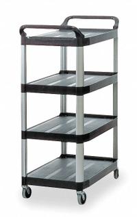 RUBBERMAID COMMERCIAL PRODUCTS Utility Cart: 300 lb, 4 Shelves, 29 in L x 20 in W Self, Black (MPN FG409600BLA). Key specifications — Shelf Color: Black; Brand: RUBBERMAID COMMERCIAL PRODUCTS; Caster/Wheel Configuration: (4) Swivel.