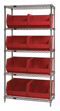 QUANTUM STORAGE SYSTEMS Bin Shelving: 36 in x 18 in x 74 in, 1 Sided, 8 Bins, Open, Red, 5 Shelves (MPN WR5-270RD). Key specifications — Includes Bins: Yes; Bin Material: Polypropylene; Frame Color: Silver; Bin HxWxD: (8) 11 in x 16-1/2 in x 18 in; Frame Material: Steel; Bin Color: Red; Bin Style: Hang and Stack; Brand: QUANTUM STORAGE SYSTEMS.