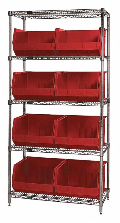 QUANTUM STORAGE SYSTEMS Bin Shelving: 36 in x 18 in x 74 in, 1 Sided, 8 Bins, Open, Red - Wire Stationary Bin Shelving with Open-Front Bins