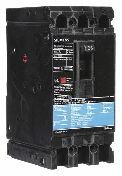 Siemens Molded Case Circuit Breaker: 25 A Amps, 18kA at 480V AC, Fixed, Load Side Lug - ED-Frame Siemens Molded Case Circuit Breakers