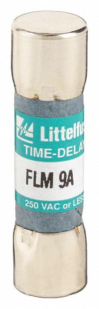 LITTELFUSE Fuse: FLM Series, Midget, Time-Delay, 9 A, 250 V AC, 13/32 in x 1 1/2 in, Non-Indicating (MPN FLM009). Key specifications — Series: FLM; Brand: LITTELFUSE.