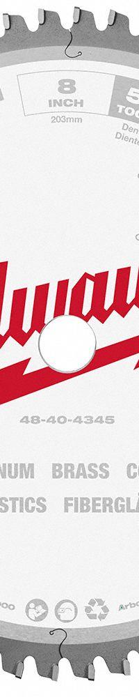 MILWAUKEE Circular Saw Blade: 8 in Blade Dia., 60 Teeth, 0.09 in Cut Wd, 5/8 in Arbor Size, Carbide (MPN 48-40-4345). Key specifications — attr1116119: MILWAUKEE; attr1145631: Aluminum.