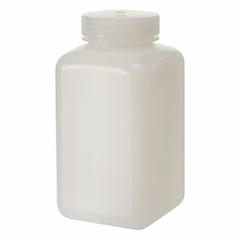 NALGENE Laboratory Bottle: 1 L, 32 fl oz, HDPE, Natural, 63 mm Screw Closure Size, Square, Unlined (MPN 2114-0032-24). Key specifications — Body Color: Natural; Brand: NALGENE; Closure Included: Yes; Graduated: No; Closure Attached: Attached.