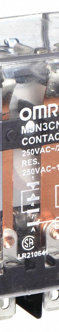 OMRON General Purpose Relay: Socket Mounted, 10 A Current Rating, 120V AC, 3PDT, 11 Pins/Terminals (MPN MJN3C-N-AC120). Key specifications — Brand: OMRON; Base Type: Square; Mounting Style: Plug-In; Pin Shape: Round; Electrical Connection: Plug-In; Manufacturer Part Number: MJN3C-N-AC120; Series: MJN Series.