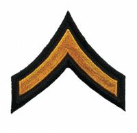 HEROS PRIDE Embroidered Patch: PFC, 3 in, Black/Gold, Polyester/Rayon, Rank Insignia, 1 PR (MPN 5403P). Key specifications — attr188498: 3 in; attr188499: Gold; attr188500: Rayon; attr188503: PFC; attr193746: HEROS PRIDE.