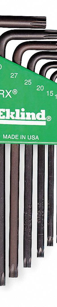 EKLIND Torx Key Set: Long, 7 Pieces, T10/T15/T20/T25/T27/T30/T40 Tip Size, Std End, Organizer, Torx (MPN 10907). Key specifications — attr1205450: EKLIND; attr1205441: Black Oxide.