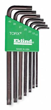 EKLIND Torx Key Set: Long, 7 Pieces, T10/T15/T20/T25/T27/T30/T40 Tip Size, Std End, Organizer, Torx (MPN 10907). Key specifications — attr1205450: EKLIND; attr1205441: Black Oxide.