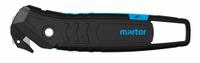 MARTOR Hook-Style Safety Cutter: 6 1/16 in Overall Lg, Straight Handle, Textured, Steel, Black/Blue (MPN 350001.02). Key specifications — attr307620: Black/Blue; attr307617: Straight; attr307618: Textured; attr307619: Steel; attr307627: Includes Tape Splitter; attr307634: Plain; attr324885: MARTOR.