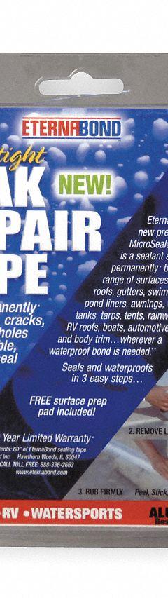Roof Repair Tape Kit: 4 in W, 5 ft L, 35 mil Thick, Silver, For All Materials Except Silicone (MPN AST-4-5 Kit). Key specifications — Includes: Tape And Surface Prep Pad; UV Protected Material: Yes; Color: Silver; Brand: ETERNABOND; Compatible Surface Material: All Materials Except Silicone; Material: MicroSealing Technology.