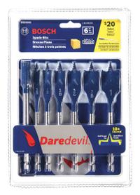 BOSCH Spade Drill Bit Set: 6 in Overall Lg, Bright (Uncoated), 1/4 in Shank Hex Size, 6 Drill Bits (MPN DSB5005). Key specifications — attr277223: BOSCH; attr255674: Bright (Uncoated); attr255683: Carbon Steel.