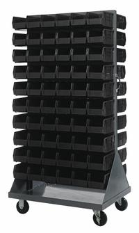 QUANTUM STORAGE SYSTEMS Mobile Louvered Floor Rack: 36 in x 24 in x 72 in, 120 Bins Included, Black (MPN QMD-36H-230BK). Key specifications — Bin Width: 5-1/2 in; Color: Gray; Caster Wheel/Configuration: (2) Swivel; Caster Wheel/Tread Material: Hard Rubber; Bin Color: Black; Bin Depth: 10-7/8 in; Bin Height: 5 in; Brand: QUANTUM STORAGE SYSTEMS.