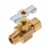 PARKER Needle Valve: Inline Valve Body, Brass, Screw-In Bonnet, 1/4 in Pipe Size, Compression x MIP (MPN NV106C-6-4). Key specifications — For Media: Water; Standards: ISO 9001; Brand: PARKER; Valve Series: NV; Connection Gender - Side 2: Male; Connection Gender - Side 1: Female; Connection Type - Side 1: Compression; Connection Type - Side 2: IPS.