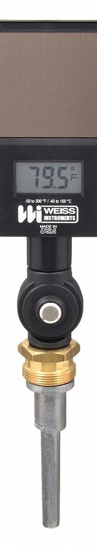 WEISS Digital Solar-Powered Thermometer: 3.5 in Stem Lg, -50°F to 300°F /-45°C to 150°C, NPT (MPN DVUT35). Key specifications — Thread Type: NPT; Brand: WEISS; Accuracy: ±1 % or ±1 °F, Whichever is Greater.