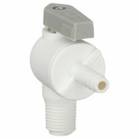 PARKER Manual Two-Way Ball Valve: 1/4 in, Polypropylene, Angle, Barb x MNPT, One-Piece, Lever (MPN PBPP4VME4). Key specifications — Brand: PARKER; Handle: Lever.
