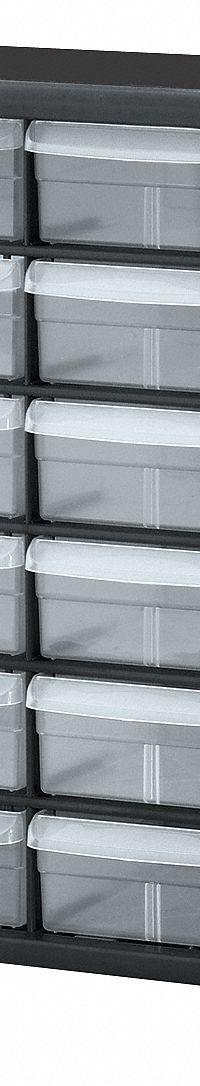 AKRO-MILS Drawer Bin Cabinet: 20 in x 6 1/2 in x 15 3/4 in, 24 Drawers, Stackable, Polystyrene (MPN 10124). Key specifications — attr66719: Polystyrene; attr66728: Yes; attr66722: Clear; attr66720: Drawer; attr66726: 6" x 4-9/16" x 2-3/16"; attr66716: Black; attr66753: Plastic; attr66710: AKRO-MILS.