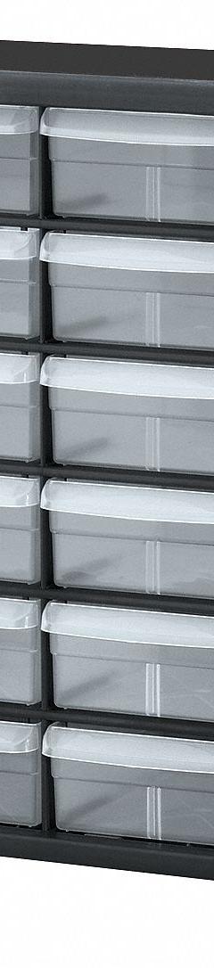 AKRO-MILS Drawer Bin Cabinet: 20 in x 6 1/2 in x 15 3/4 in, 24 Drawers, Stackable, Polystyrene (MPN 10124). Key specifications — attr66719: Polystyrene; attr66728: Yes; attr66722: Clear; attr66720: Drawer; attr66726: 6" x 4-9/16" x 2-3/16"; attr66716: Black; attr66753: Plastic; attr66710: AKRO-MILS.