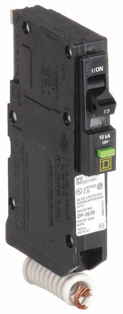 SQUARE D Miniature Circuit Breaker: 15 A, 120V AC, Single Phase, 10kA at 120V AC, 1 Poles (MPN QO115AFI). Key specifications — Phase: Single; Amps: 15 A; AC Voltage Rating: 120V AC; Max. AIR Rating: 10kA at 120V AC; For Use With: QO Load Centers and NQ Panelboards; Brand: SQUARE D.