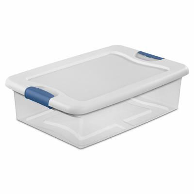 STERILITE Storage Tote: 8 gal, 23 3/4 in x 16 in x 6 7/8 in, Clear Body, White Lid - Clearview Totes with Latch-On Lids
