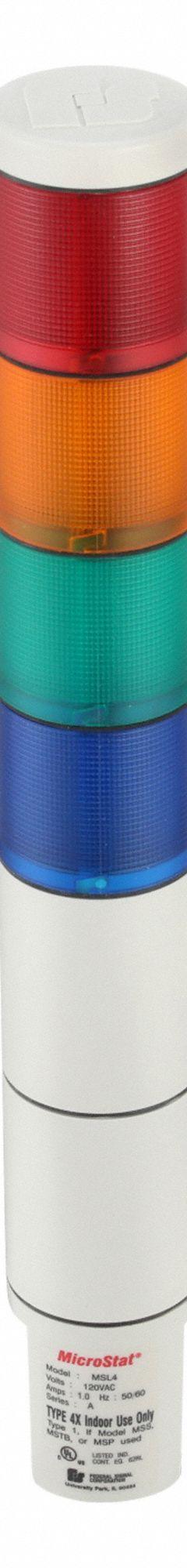 FEDERAL SIGNAL Tower Light Incandescent Assembly: 5 Tier, Amber/Blue/Clear/Green/Red, MSL4-120. Key specifications — Manufacturer Part Number: MSL4-120; Brand: FEDERAL SIGNAL; Operating Voltage: 120V AC; Light Tier Color: Clear.