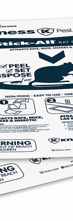 KNESS PEST DEFENSE Glue Trap: Glue Trap, 5 in Overall Ht, 12 in Overall Wd, Polystyrene, 2 PK (MPN 106-0-024). Key specifications — Reusable: Yes; Material: Polystyrene; Brand: KNESS PEST DEFENSE.