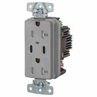 USB Receptacle: Duplex, 5-20R, 2 USB Ports, USB Type A/C, Gray, 125V AC, 20 A (MPN USB20CPDGY). Key specifications — Brand: HUBBELL.