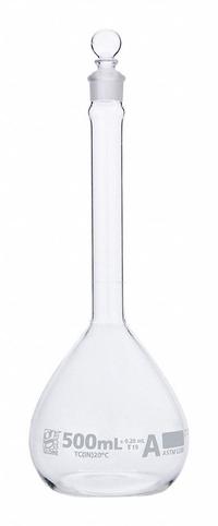 GLOBE SCIENTIFIC Volumetric Flask: 500 mL, Colorless, A, 0.20 mL, Includes Closure (MPN 8200500). Key specifications — Tolerance: 0.20 mL; Body Color: Colorless; Brand: GLOBE SCIENTIFIC; Compatible with Stopper Size: 19; USP Specification: Type I.