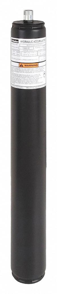 PARKER Piston Accumulator: 57 cu in Fluid Volume, 58 cu in, 100 gpm Max. Flow, 3/4-16 (#8) (MPN ACP05AA100E1KTC). Key specifications — attr98883: PARKER; attr95466: 32 to 165°F for Water Based Hydraulic Fluids and Water-Glycol.